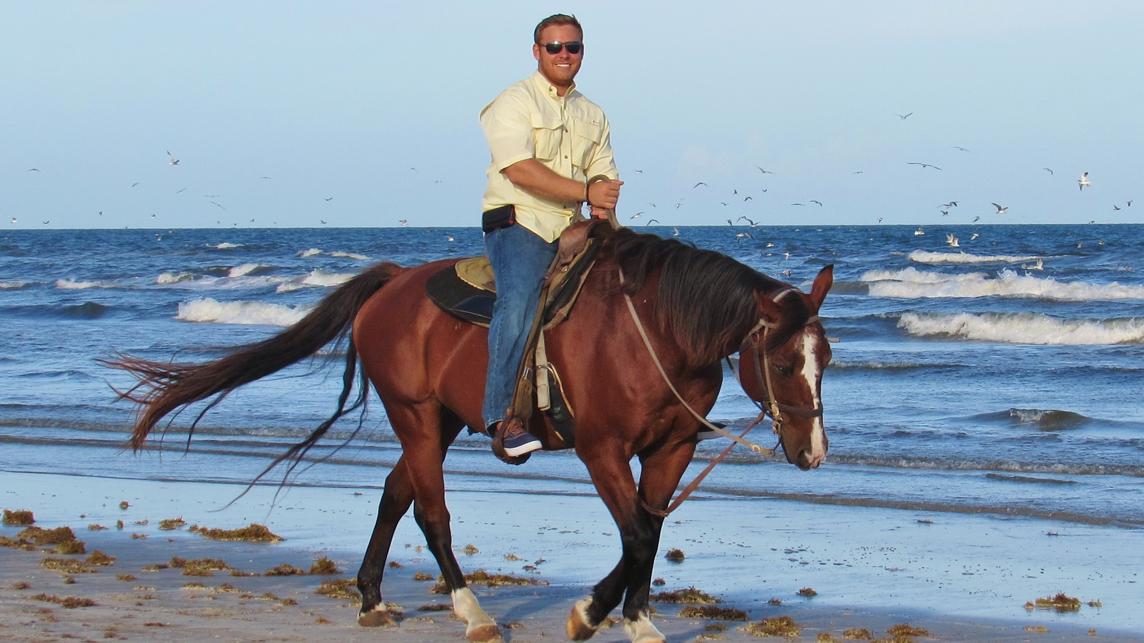 a man riding a horse on a beach